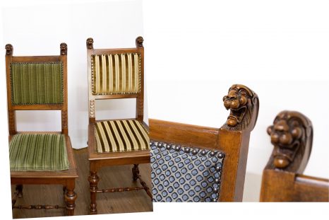 Zwei Fotos, im linken Foto sind die beiden geschnitzten Stühle mit ihrer alten Bepolsterung zu sehen, ein Stuhl ist grün, der andere schwarz-gelb gestreift gepolstert. Auf dem rechten Foto ist eine Detailansicht der Stuhllehnen, schon mit der frischen Bepolsterung zu sehen.