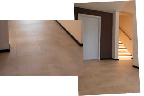 Zwei Bilder, linkes Bild zeigt Detailansicht Mineralboden in Fliesenoptik, helle Farbe. Rechtes Bild zeigt Flur mit Mineralboden, links im Bild weiße Türe vor brauner Wand, rechts beleuchtete weiße Treppe ins Obergeschoss.