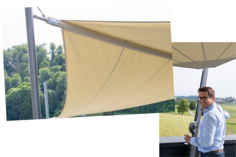 Zwei Bilder, linkes Bild zeigt helles beiges Sonnensegel, aufgespannt an hellem Metallrahmen, Wald im Hintergrund. Rechtes Bild zeigt mittelalten Mann in hellblauem Hemd, Sonnensegel über ihm aufgespannt.